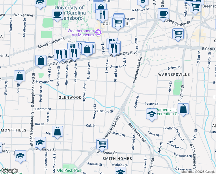 map of restaurants, bars, coffee shops, grocery stores, and more near 909 Silver Avenue in Greensboro