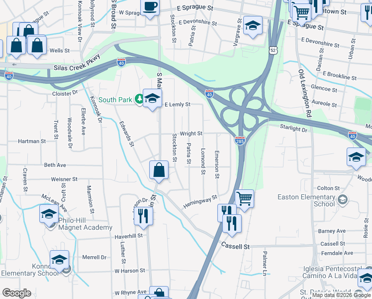 map of restaurants, bars, coffee shops, grocery stores, and more near 2830 Patria Street in Winston-Salem