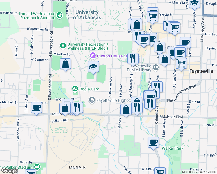 map of restaurants, bars, coffee shops, grocery stores, and more near 121 S Duncan Ave in Fayetteville