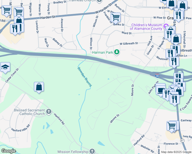 map of restaurants, bars, coffee shops, grocery stores, and more near 2156 Boyd Creek Drive in Graham