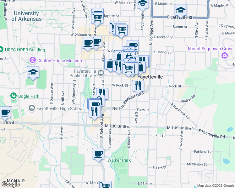map of restaurants, bars, coffee shops, grocery stores, and more near 227 South Church Avenue in Fayetteville
