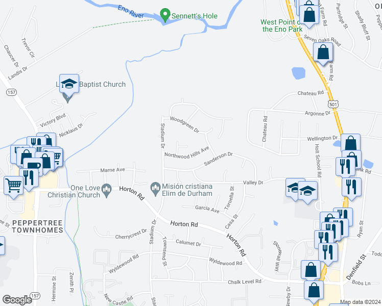 map of restaurants, bars, coffee shops, grocery stores, and more near 816 Northwood Hills Avenue in Durham