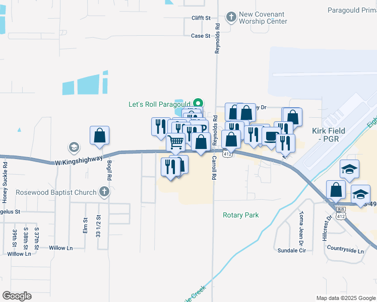 map of restaurants, bars, coffee shops, grocery stores, and more near 2625 West Kingshighway in Paragould