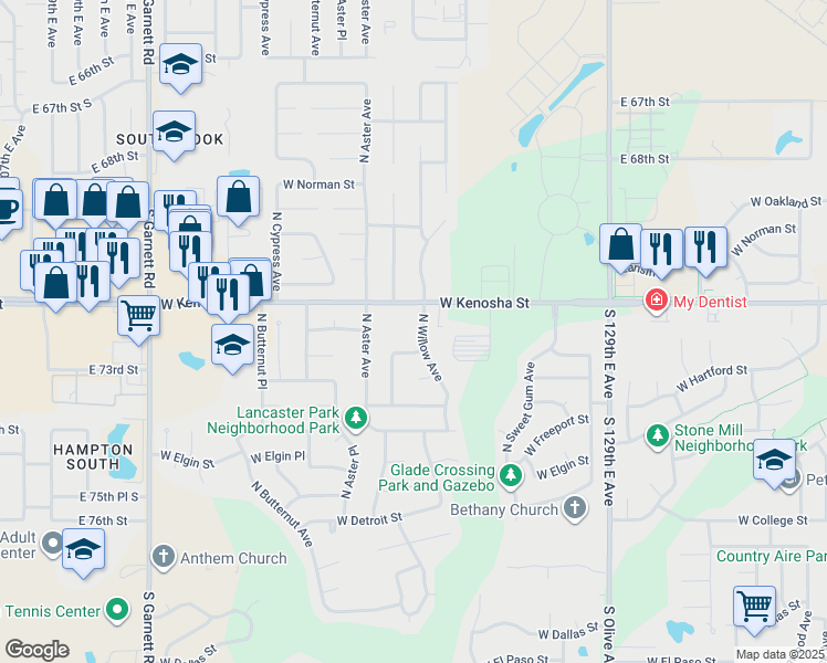 map of restaurants, bars, coffee shops, grocery stores, and more near 808 North Willow Avenue in Broken Arrow