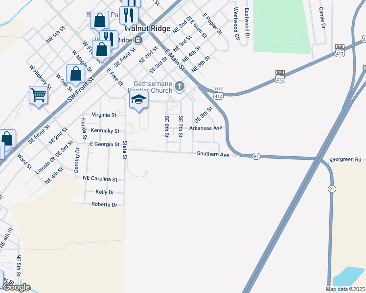 map of restaurants, bars, coffee shops, grocery stores, and more near 903 Southeast 7th Street in Walnut Ridge