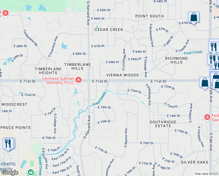 map of restaurants, bars, coffee shops, grocery stores, and more near 3516 E 71st Pl in Tulsa
