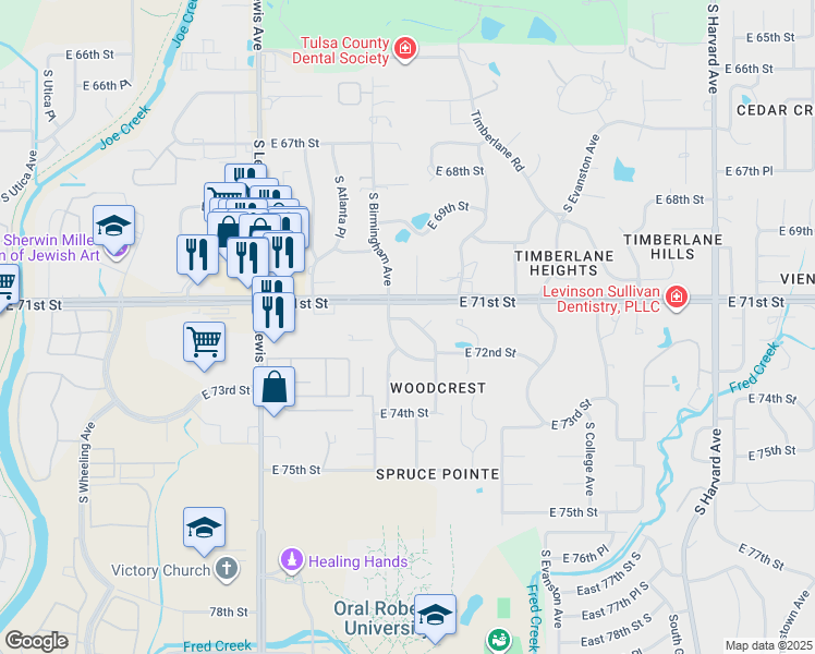 map of restaurants, bars, coffee shops, grocery stores, and more near 2616 East 71st Place in Tulsa
