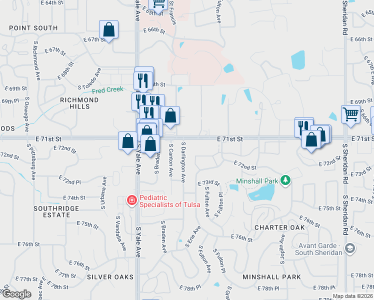 map of restaurants, bars, coffee shops, grocery stores, and more near 7121 South Darlington Avenue in Tulsa