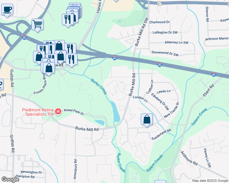 map of restaurants, bars, coffee shops, grocery stores, and more near 2233 King George Court in Winston-Salem