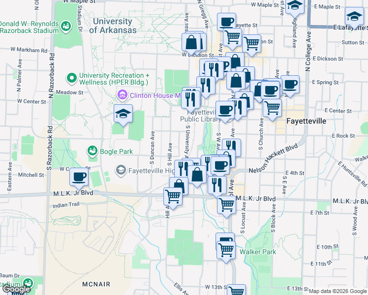 map of restaurants, bars, coffee shops, grocery stores, and more near 129 South University Avenue in Fayetteville