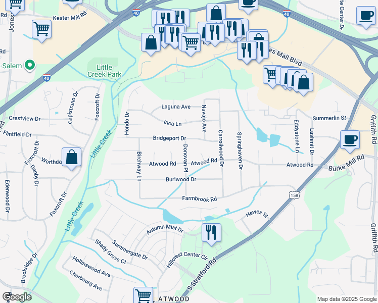 map of restaurants, bars, coffee shops, grocery stores, and more near 2925 Donovan Place in Winston-Salem