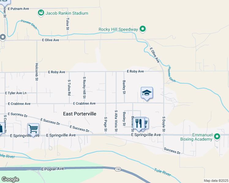 map of restaurants, bars, coffee shops, grocery stores, and more near 321 South Alta Vista Street in Porterville