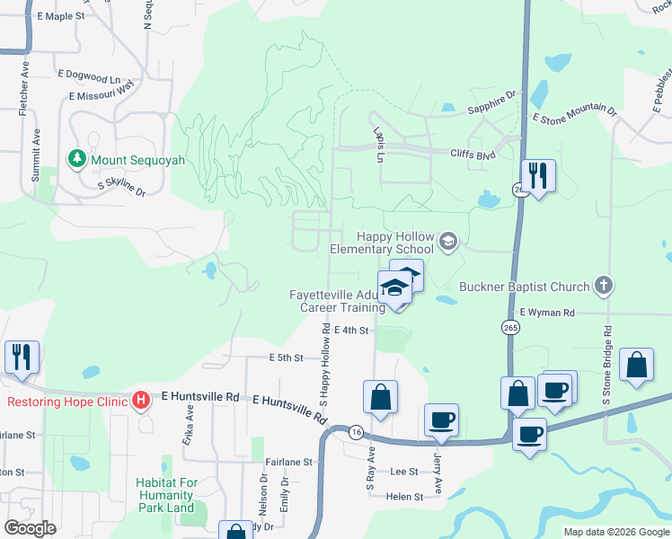 map of restaurants, bars, coffee shops, grocery stores, and more near 248 South Happy Hollow Road in Fayetteville