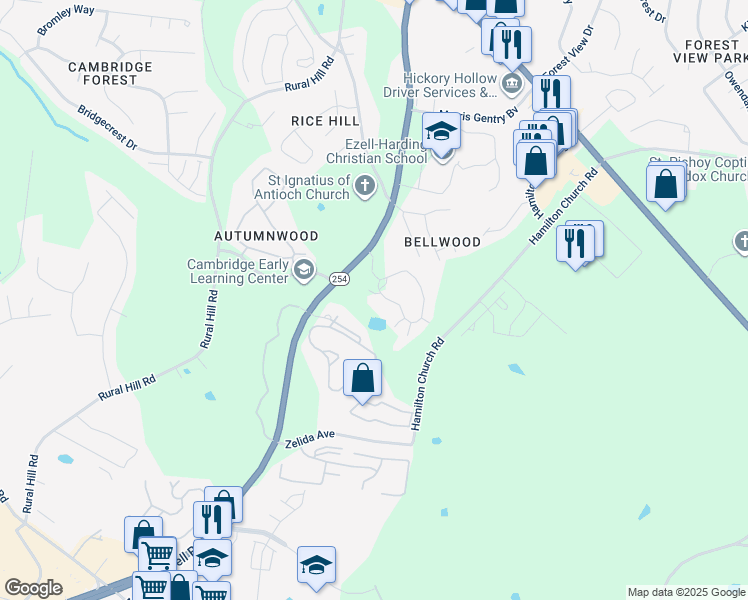 map of restaurants, bars, coffee shops, grocery stores, and more near 1 Hickory Club Drive in Nashville