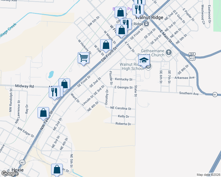 map of restaurants, bars, coffee shops, grocery stores, and more near 318 E Georgia St in Walnut Ridge