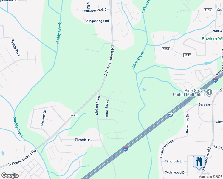 map of restaurants, bars, coffee shops, grocery stores, and more near 401 Drexmore Court in Winston-Salem