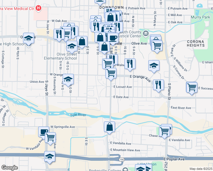 map of restaurants, bars, coffee shops, grocery stores, and more near 261-299 S Hockett St in Porterville