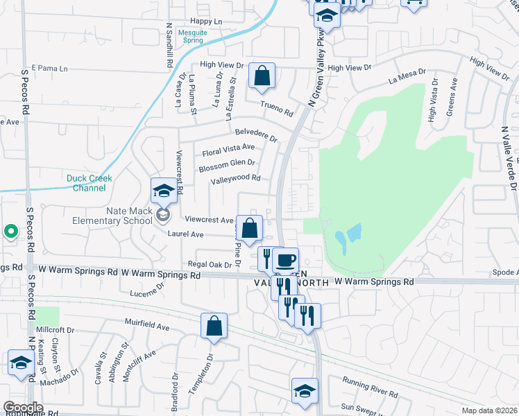 map of restaurants, bars, coffee shops, grocery stores, and more near 3131 La Mancha Way in Henderson