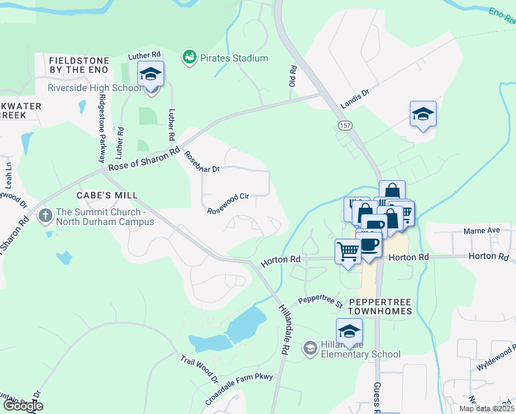 map of restaurants, bars, coffee shops, grocery stores, and more near 3029 Rosewood Circle in Durham
