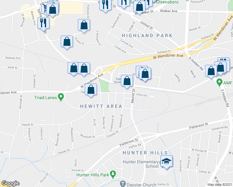 map of restaurants, bars, coffee shops, grocery stores, and more near 800 Cranbrook Street in Greensboro