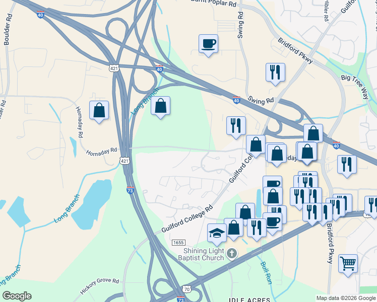 map of restaurants, bars, coffee shops, grocery stores, and more near 5519 Hornaday Road in Greensboro