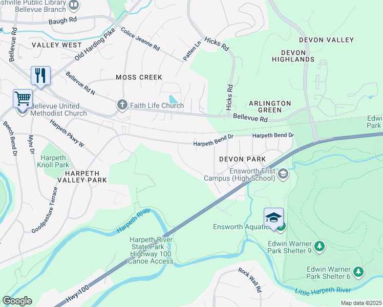 map of restaurants, bars, coffee shops, grocery stores, and more near 613 Iron Gate Court in Nashville
