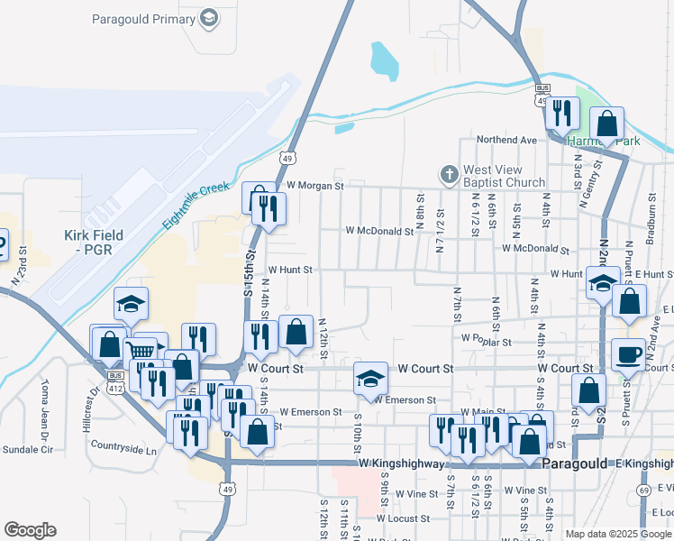 map of restaurants, bars, coffee shops, grocery stores, and more near in Paragould
