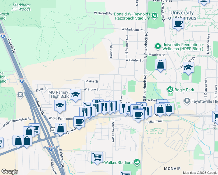 map of restaurants, bars, coffee shops, grocery stores, and more near 280 Lewis Avenue in Fayetteville