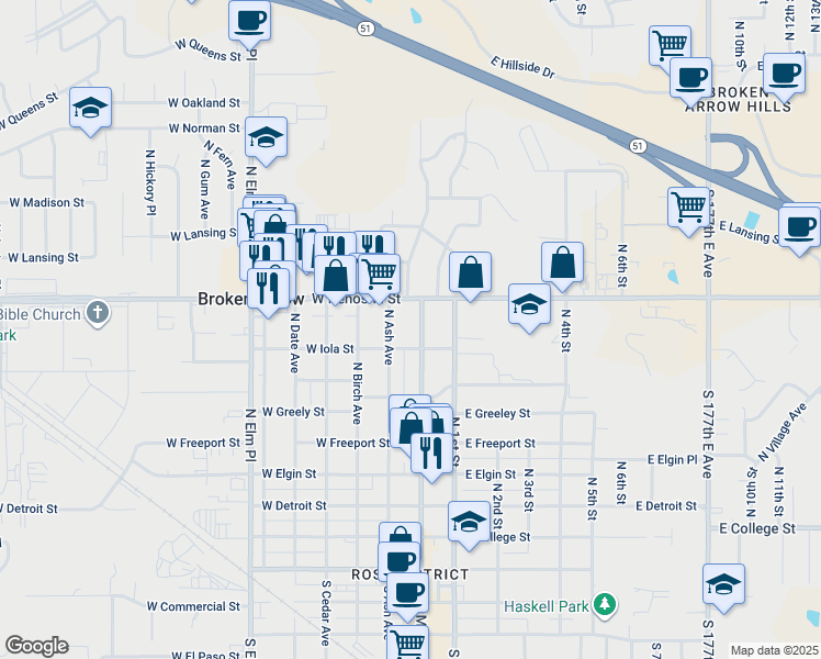 map of restaurants, bars, coffee shops, grocery stores, and more near 815 North Ash Avenue in Broken Arrow