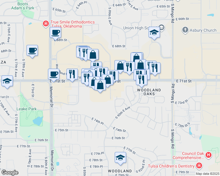 map of restaurants, bars, coffee shops, grocery stores, and more near 9006 East 71st Street in Tulsa