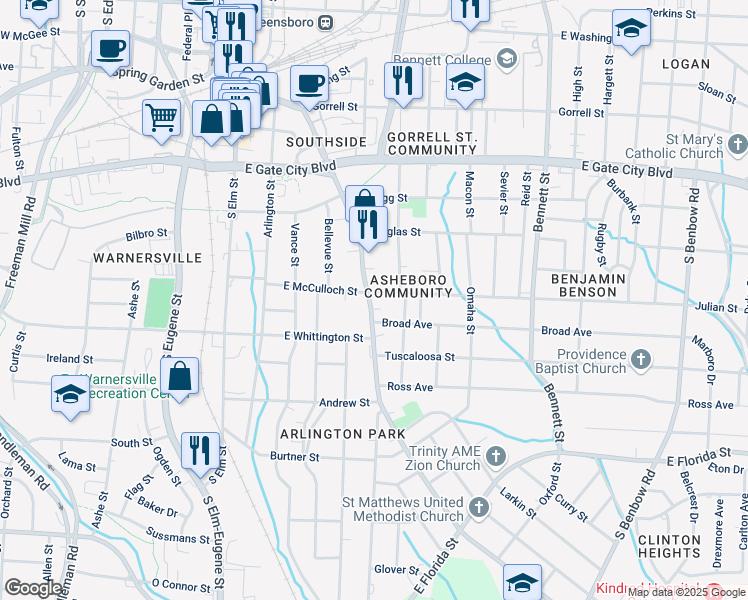 map of restaurants, bars, coffee shops, grocery stores, and more near 705 Martin Luther King Junior Drive in Greensboro
