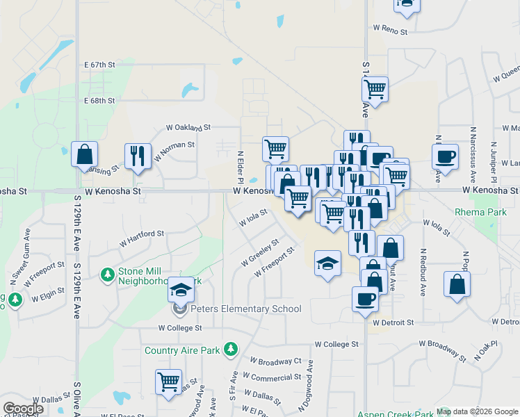 map of restaurants, bars, coffee shops, grocery stores, and more near 2504 West Iola Street in Broken Arrow