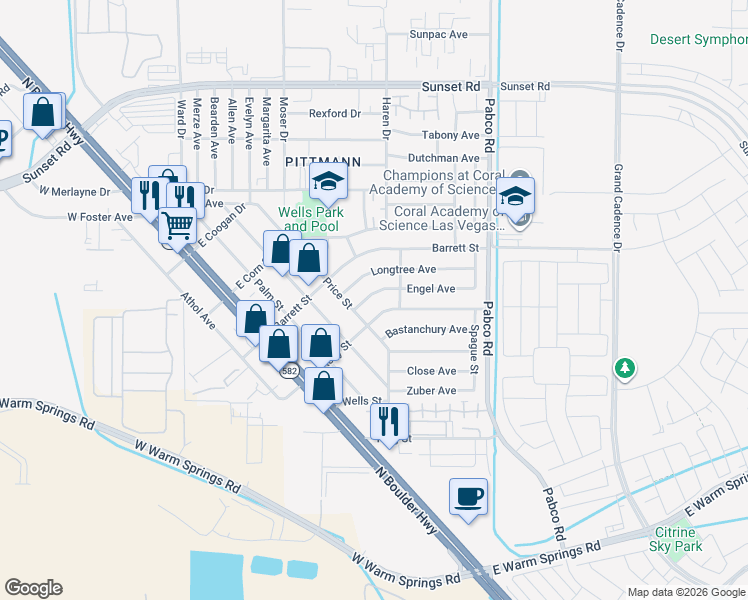 map of restaurants, bars, coffee shops, grocery stores, and more near 412 Engel Avenue in Henderson