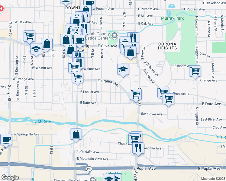 map of restaurants, bars, coffee shops, grocery stores, and more near 308 South Wallace Street in Porterville