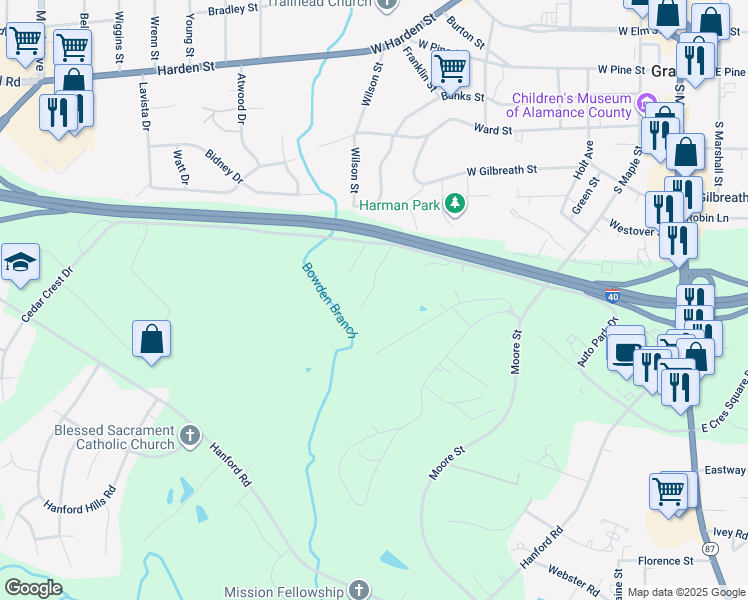 map of restaurants, bars, coffee shops, grocery stores, and more near 2156 Boyd Creek Drive in Graham