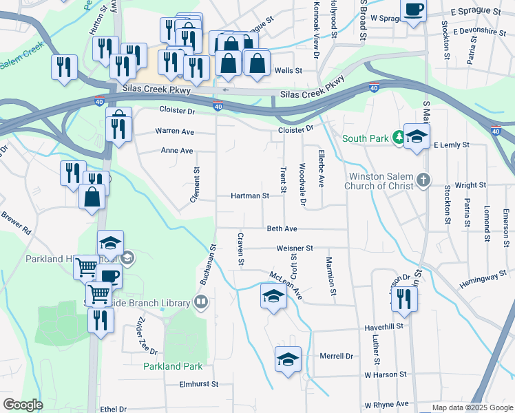 map of restaurants, bars, coffee shops, grocery stores, and more near 2916 Cockerham Street in Winston-Salem