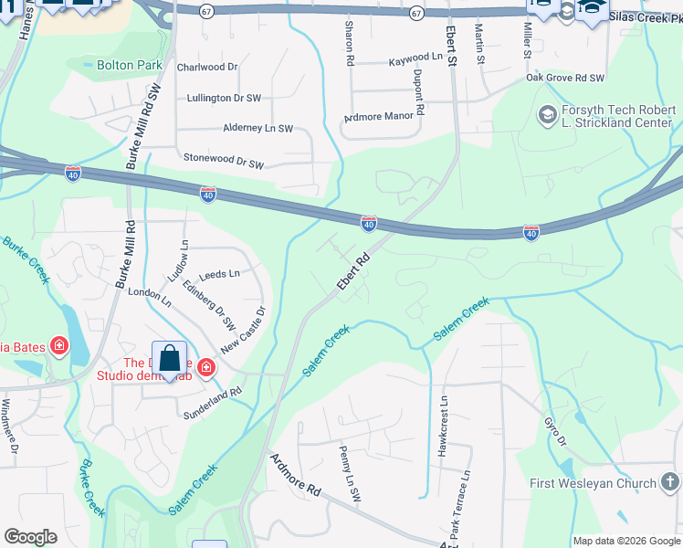 map of restaurants, bars, coffee shops, grocery stores, and more near 1896 Ebert Road in Winston-Salem