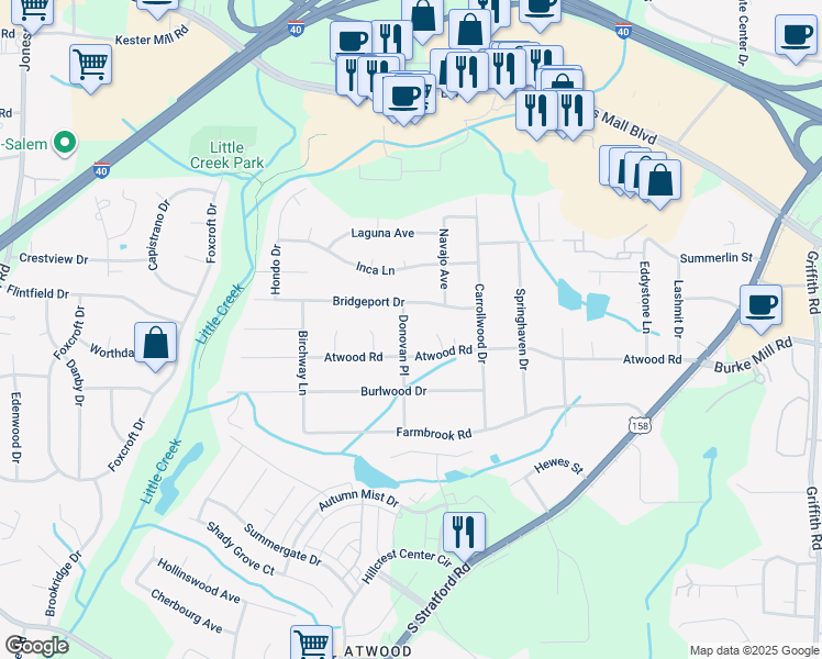 map of restaurants, bars, coffee shops, grocery stores, and more near 2925 Donovan Place in Winston-Salem