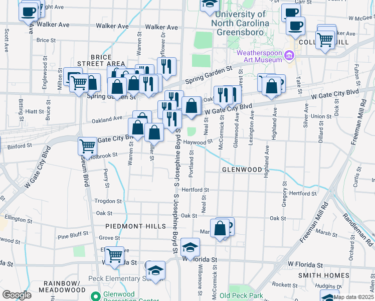 map of restaurants, bars, coffee shops, grocery stores, and more near 906 Portland Street in Greensboro