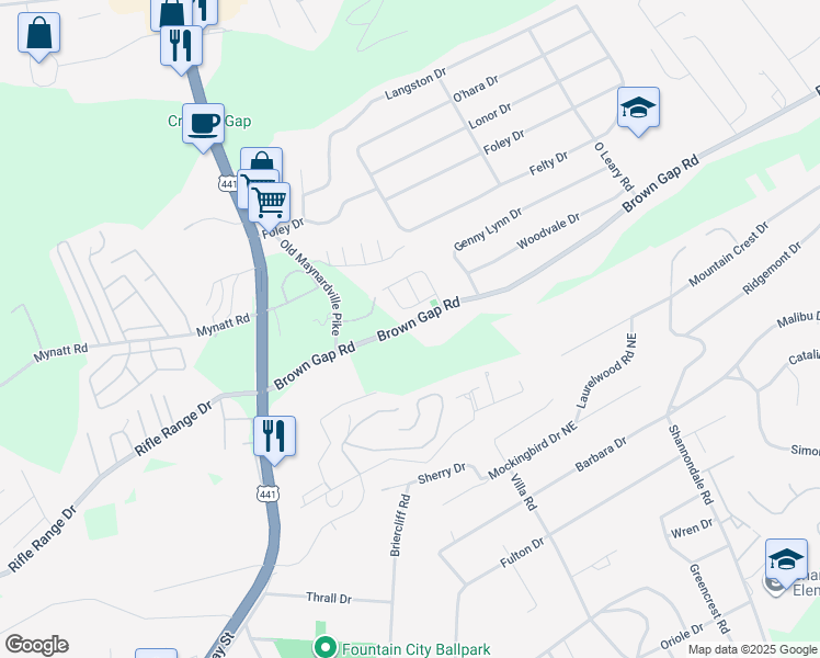 map of restaurants, bars, coffee shops, grocery stores, and more near 4100 Brown Gap Road in Knoxville