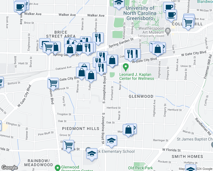 map of restaurants, bars, coffee shops, grocery stores, and more near 907 South Aycock Street in Greensboro