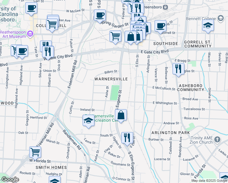 map of restaurants, bars, coffee shops, grocery stores, and more near 1232 South Eugene Street in Greensboro