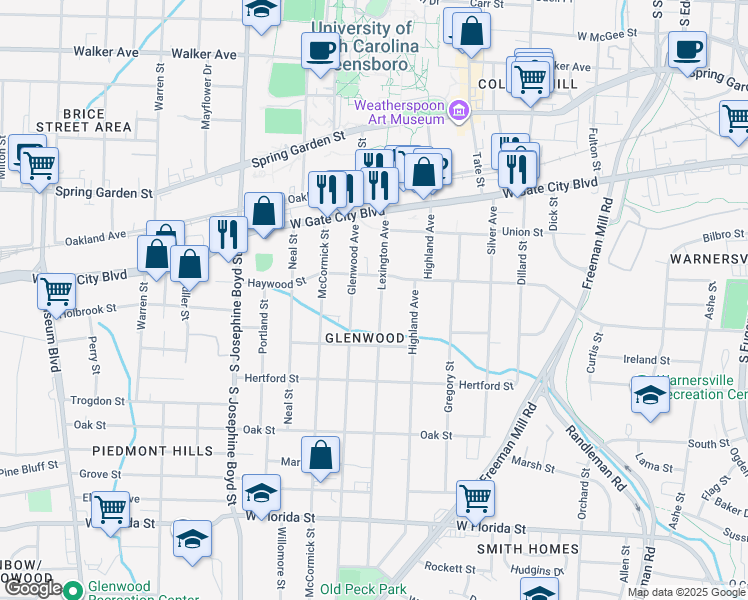 map of restaurants, bars, coffee shops, grocery stores, and more near 911 Lexington Avenue in Greensboro