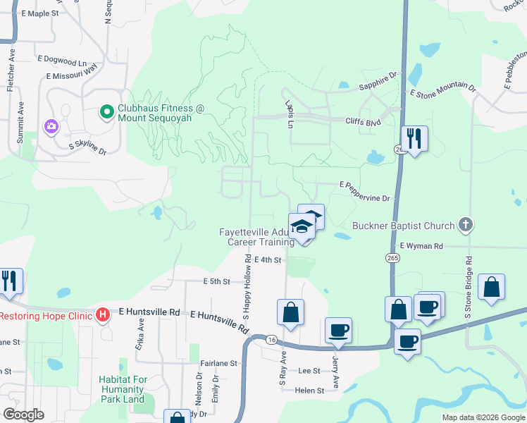 map of restaurants, bars, coffee shops, grocery stores, and more near 248 South Happy Hollow Road in Fayetteville