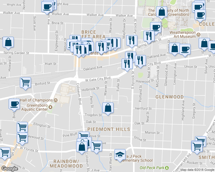 map of restaurants, bars, coffee shops, grocery stores, and more near 1015 Warren Street in Greensboro