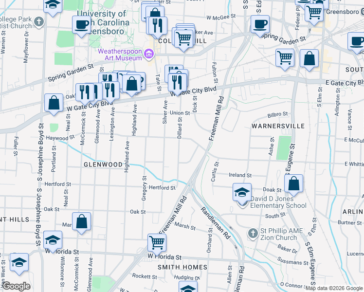 map of restaurants, bars, coffee shops, grocery stores, and more near 907 Dillard Street in Greensboro