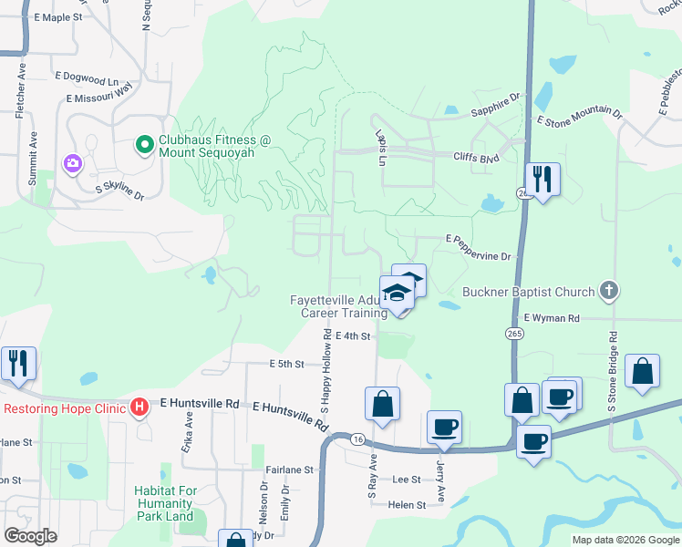 map of restaurants, bars, coffee shops, grocery stores, and more near 248 South Happy Hollow Road in Fayetteville