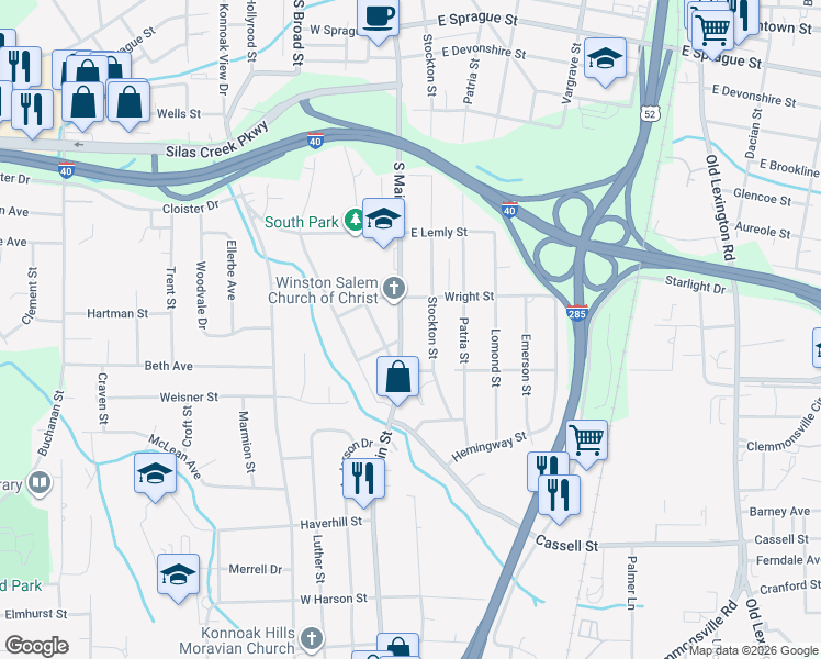 map of restaurants, bars, coffee shops, grocery stores, and more near 2826 Stockton Street in Winston-Salem