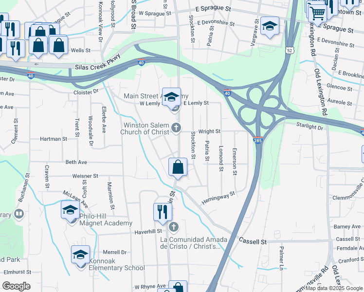 map of restaurants, bars, coffee shops, grocery stores, and more near 2825 South Main Street in Winston-Salem