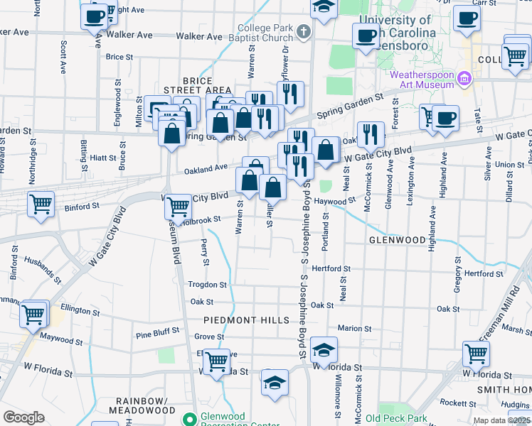 map of restaurants, bars, coffee shops, grocery stores, and more near 1018 Fuller Street in Greensboro